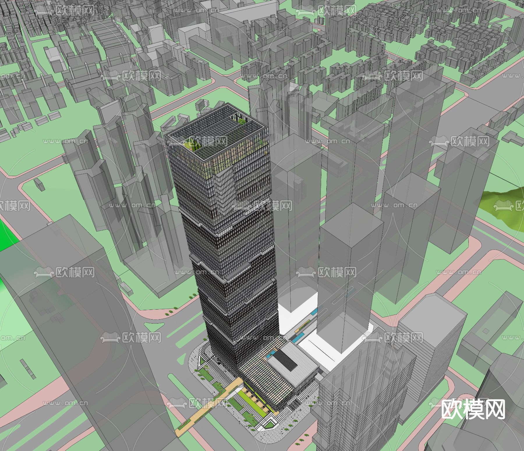 现代办公楼鸟瞰夜景su模型下载（渲染图3）