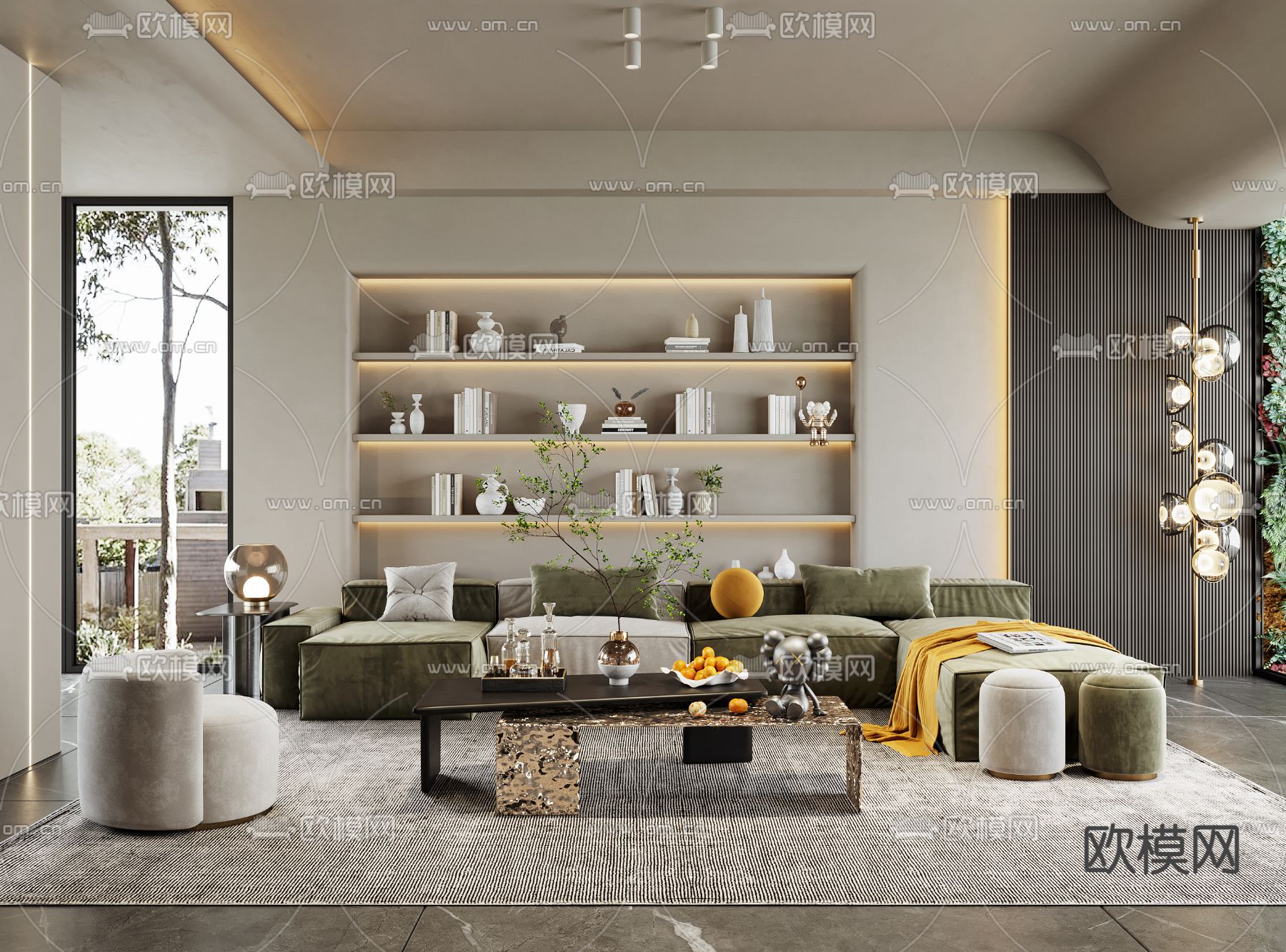 侘寂布艺转角沙发组合3d模型下载