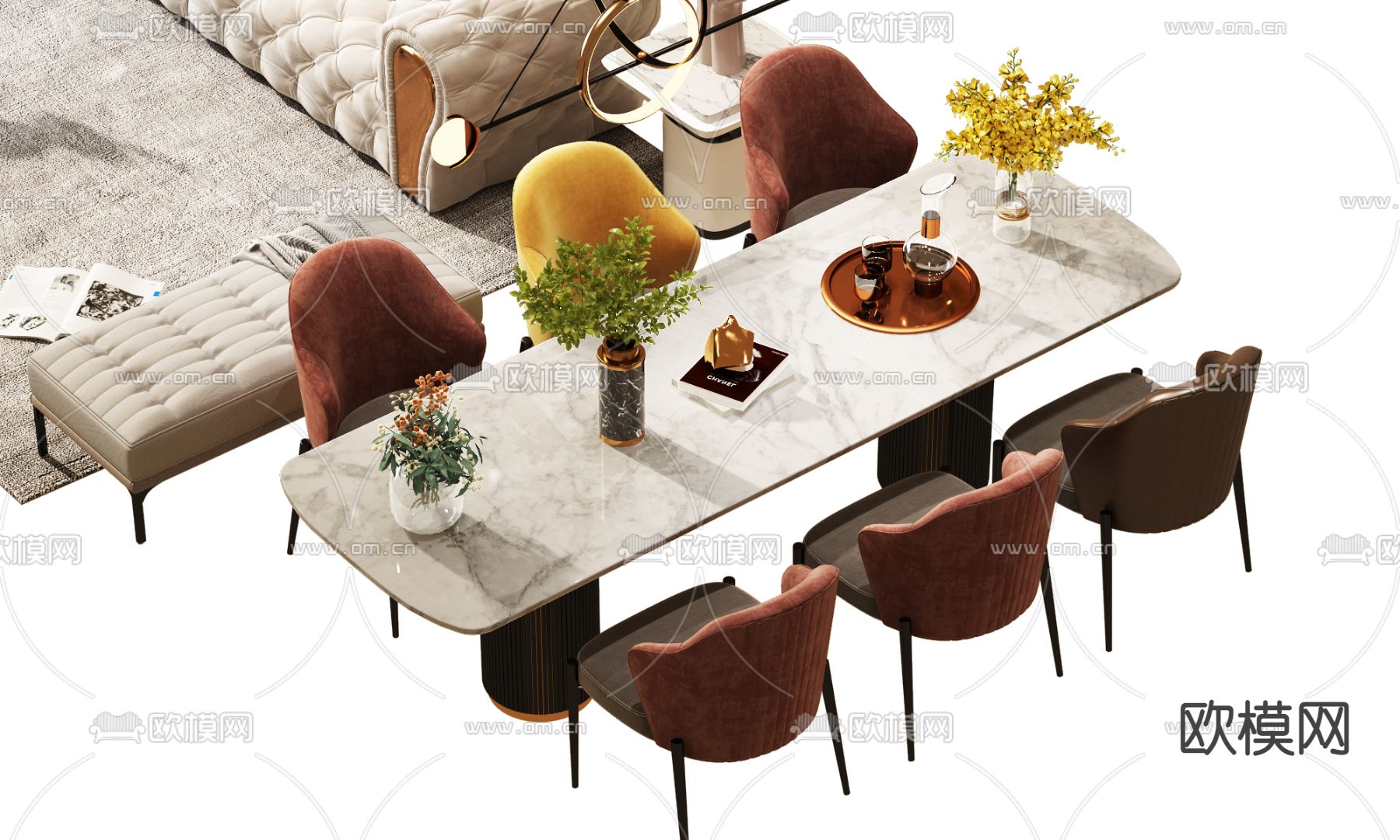 欧式沙发餐桌椅组合3d模型下载（渲染图3）