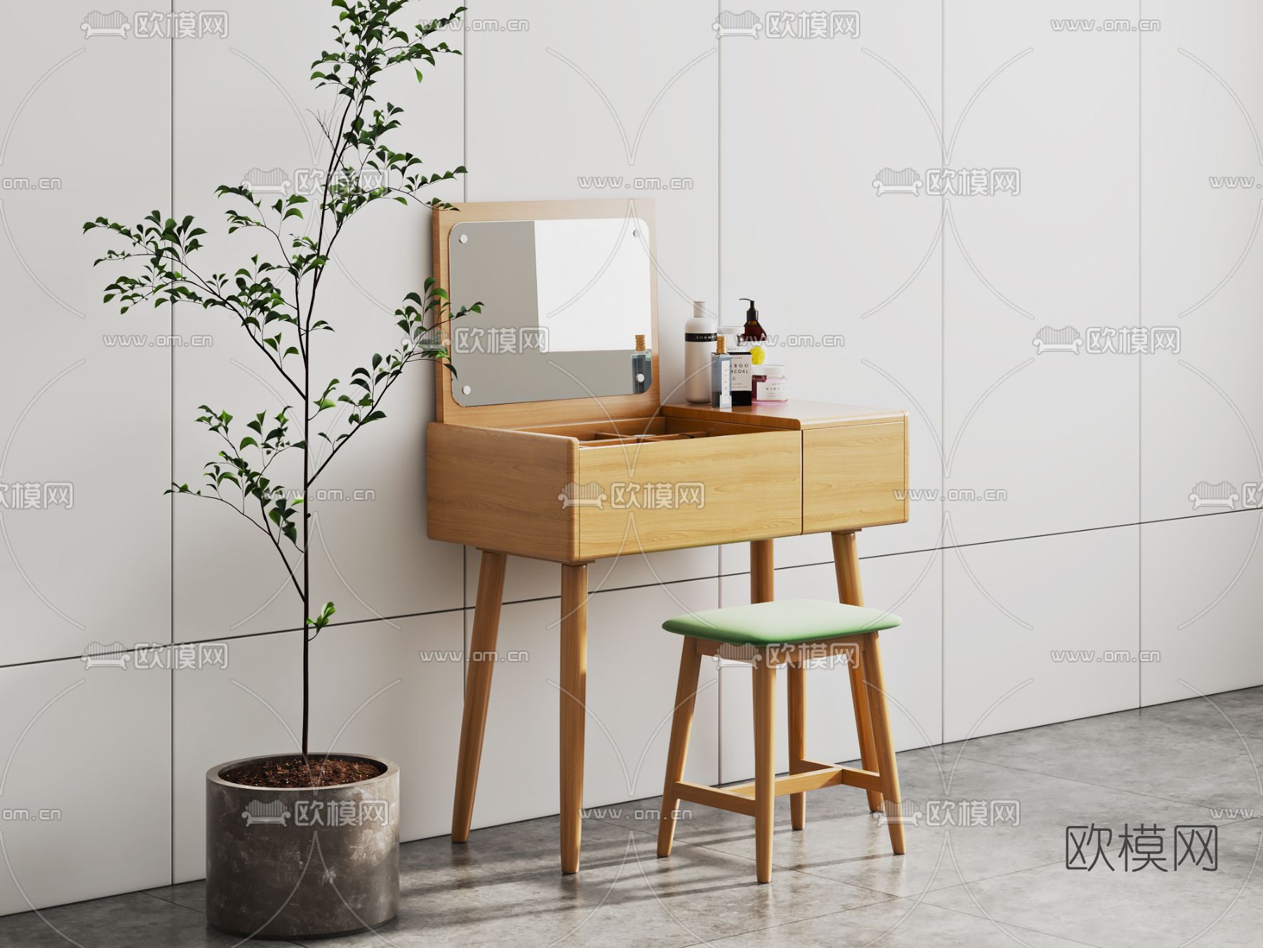 北欧原木梳妆台3d模型下载
