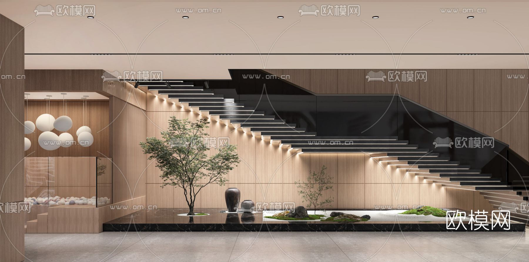 现代会所楼梯过道假山小品3d模型