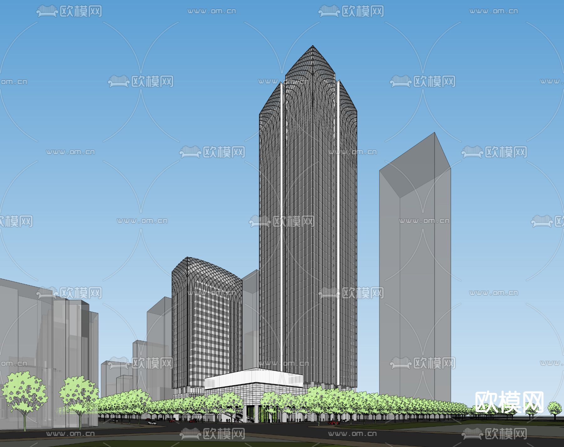 现代办公楼鸟瞰夜景su模型下载（渲染图4）