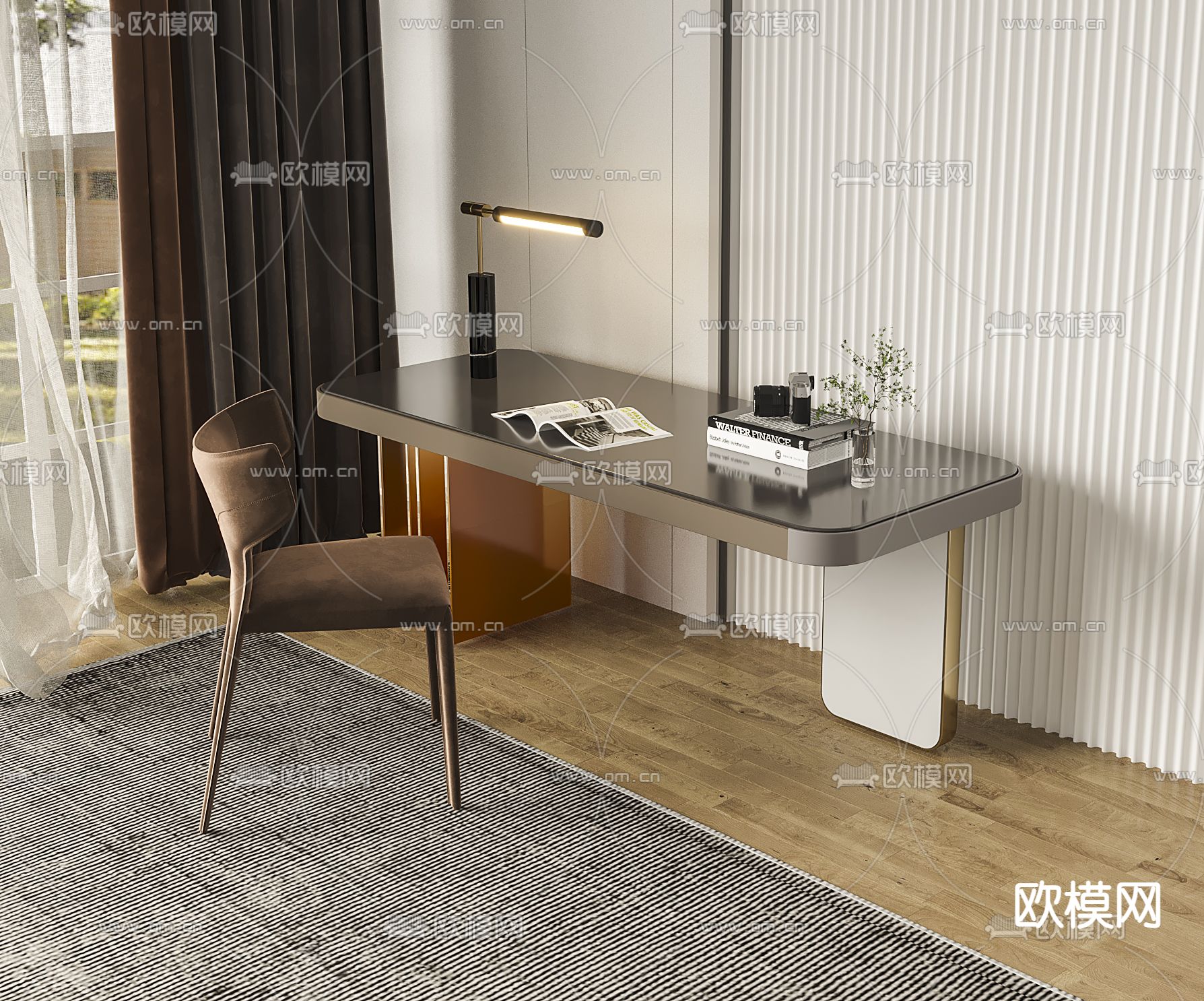 现代轻奢书桌椅组合3d模型下载