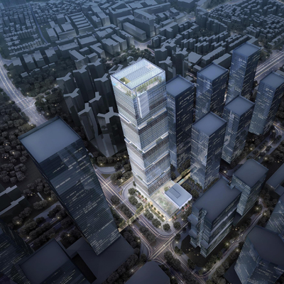  现代办公楼鸟瞰夜景su模型 