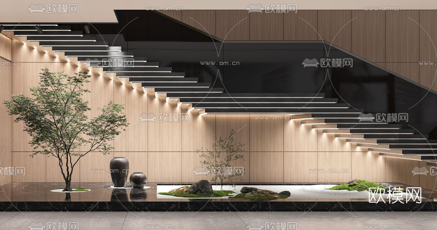 现代会所楼梯过道假山小品3d模型