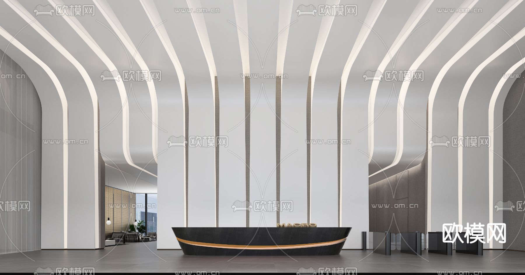 现代办公楼大堂前台3d模型下载（渲染图2）