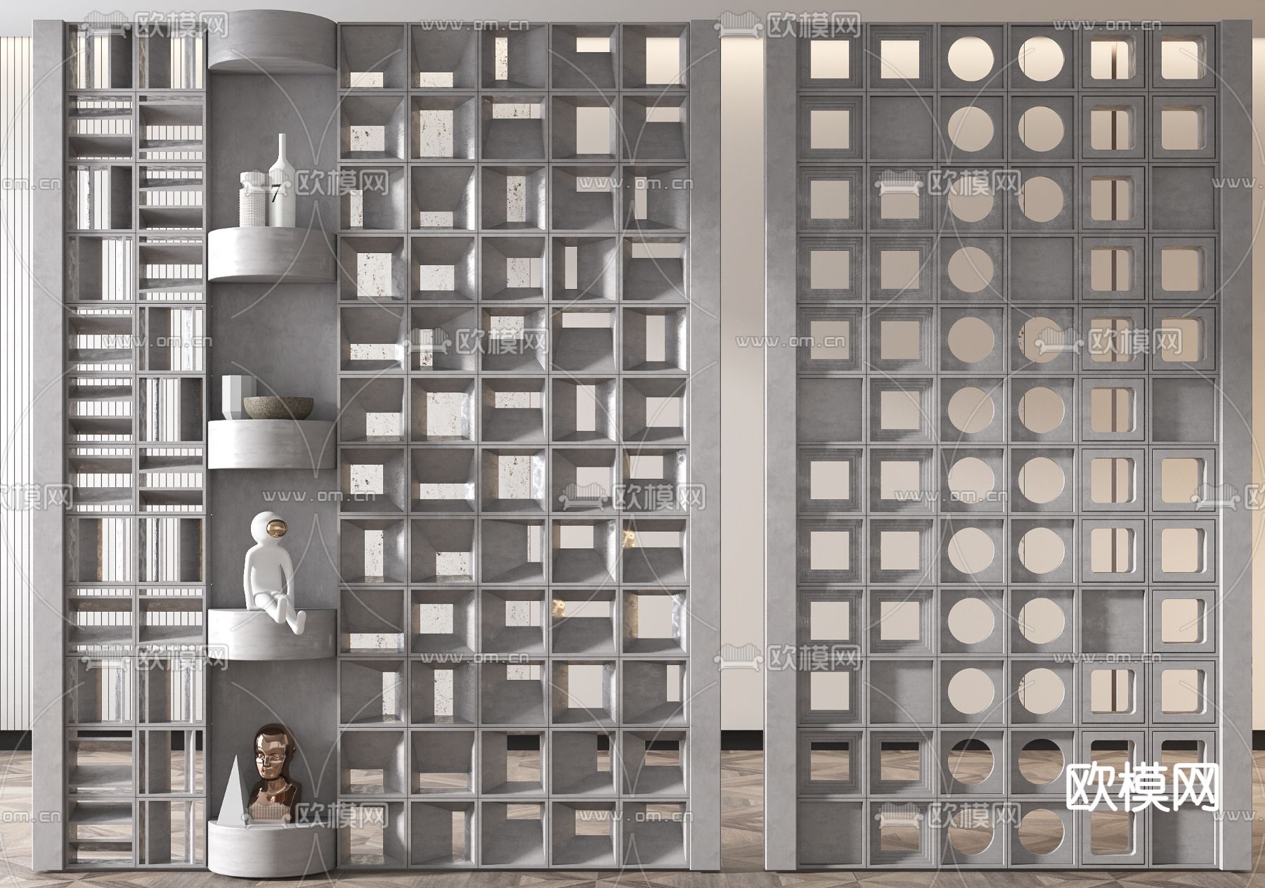 侘寂风水泥镂空屏风隔断3d模型下载