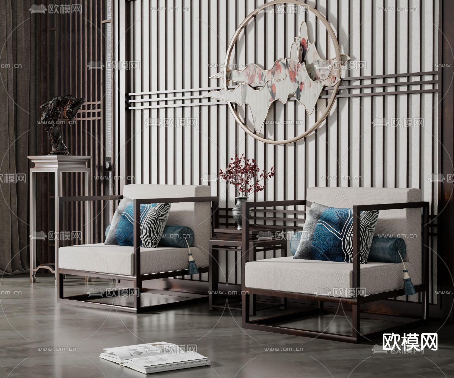 新中式布艺休闲沙发3d模型下载