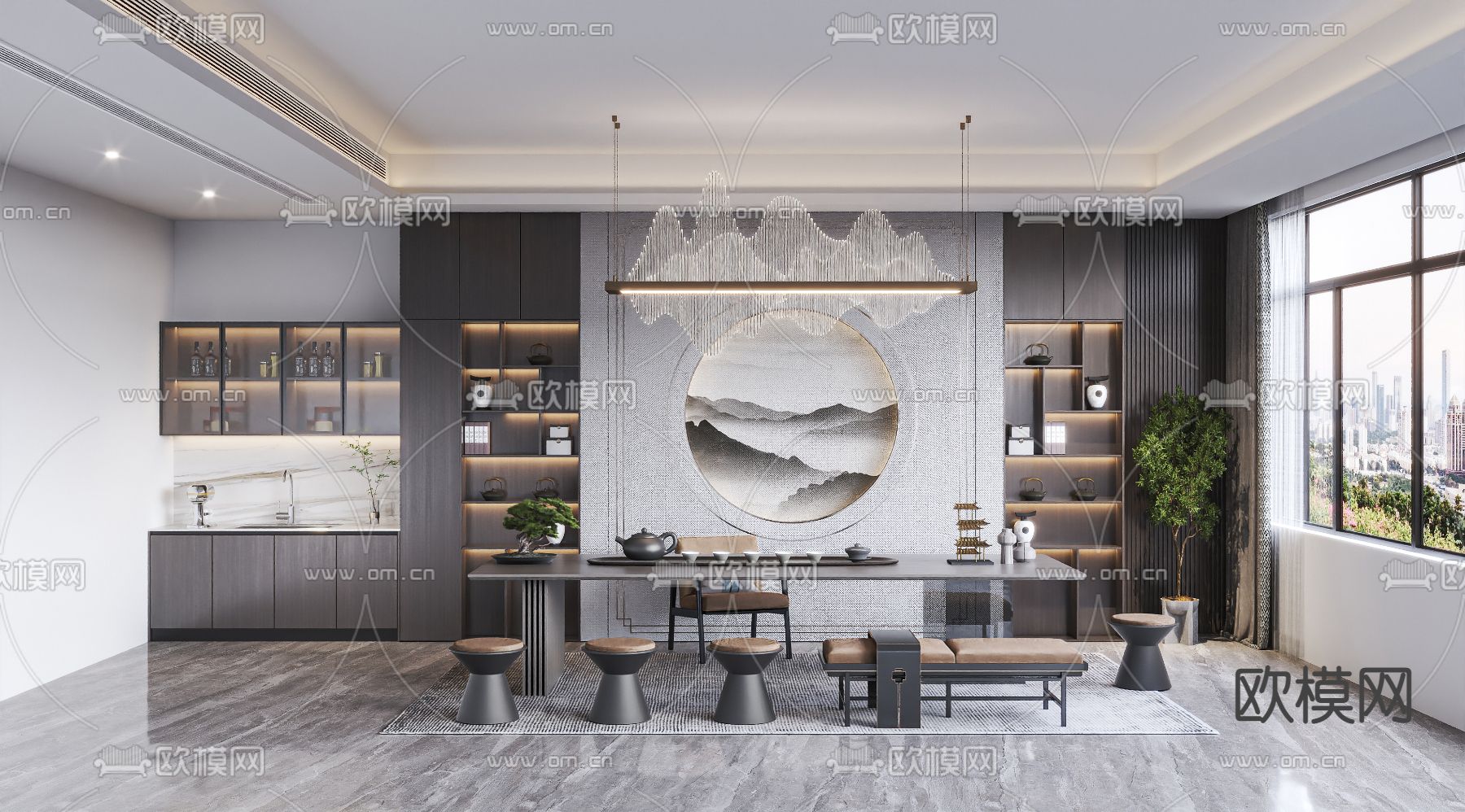 新中式禅意茶室3d模型下载（渲染图1）