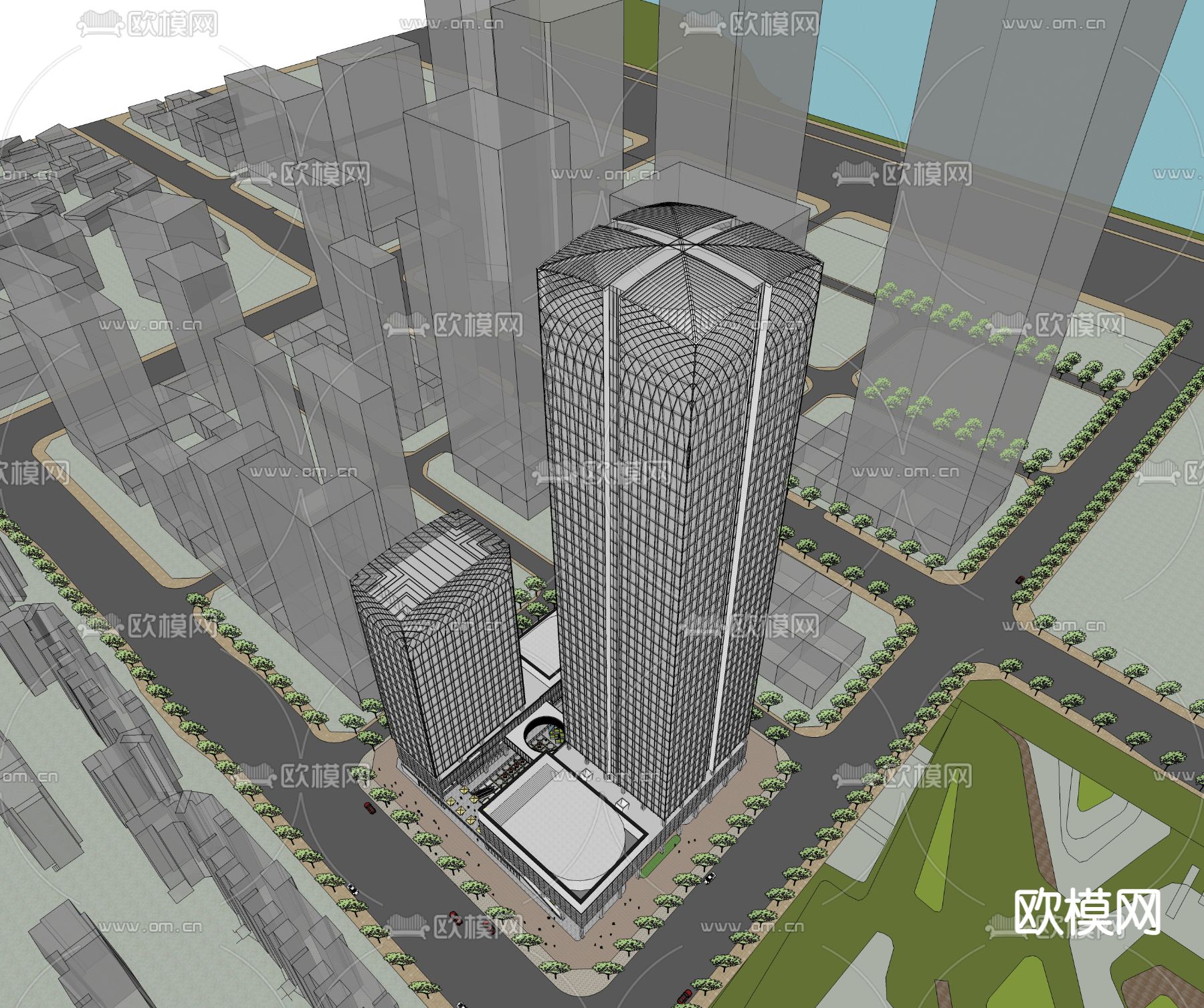 现代办公楼鸟瞰夜景su模型下载（渲染图3）
