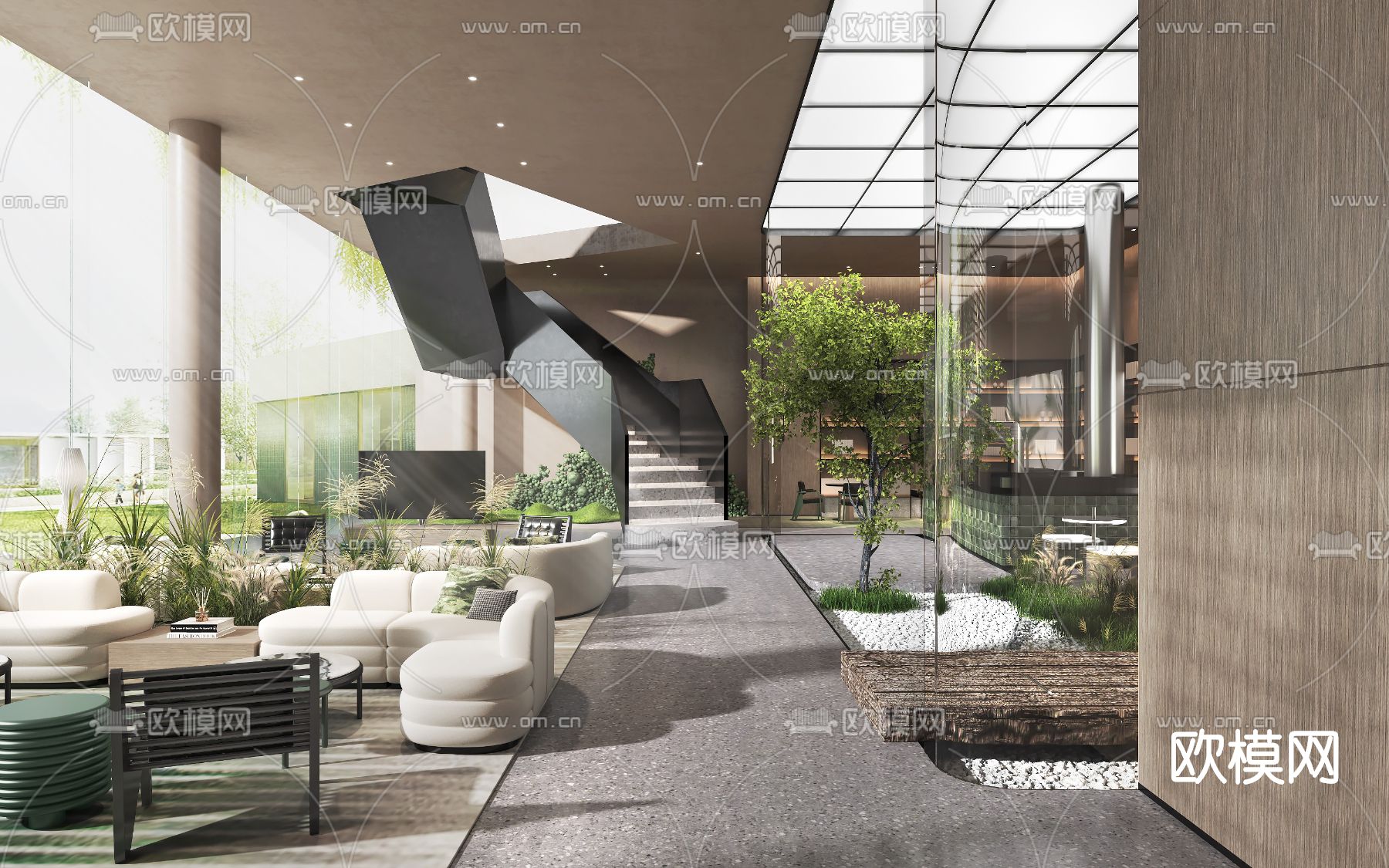 现代售楼处前台洽谈区3d模型下载（渲染图1）