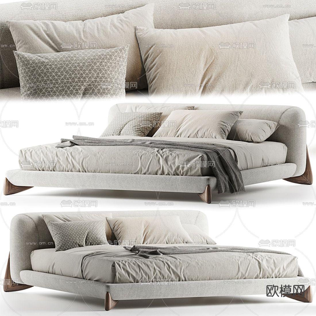 侘寂布艺双人床3d模型下载（渲染图1）