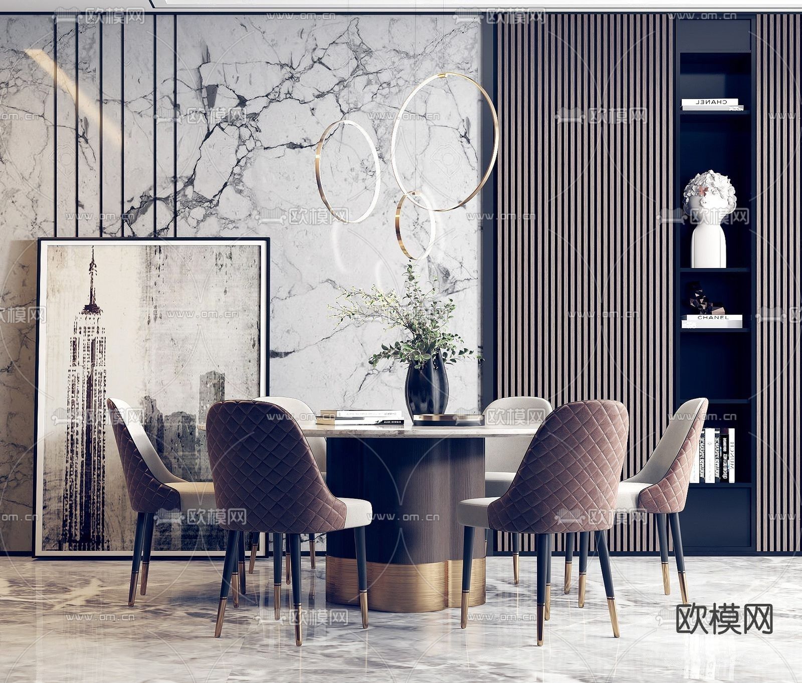 简欧大理石圆形餐桌椅3d模型下载
