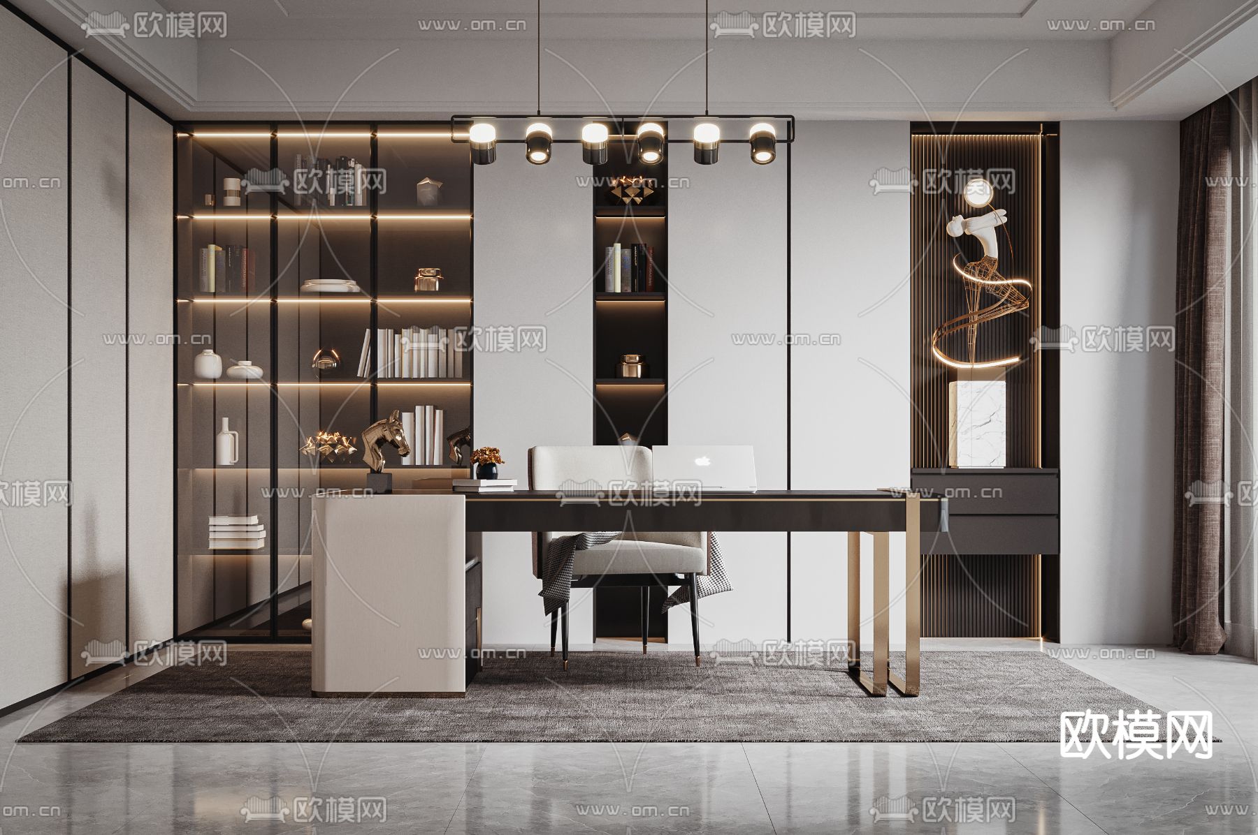 现代轻奢书房3d模型下载（渲染图1）
