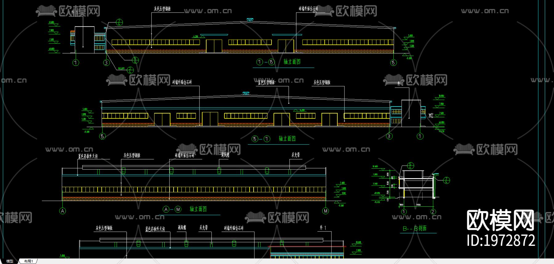 轻钢厂房建筑cad施工图下载（渲染图1）