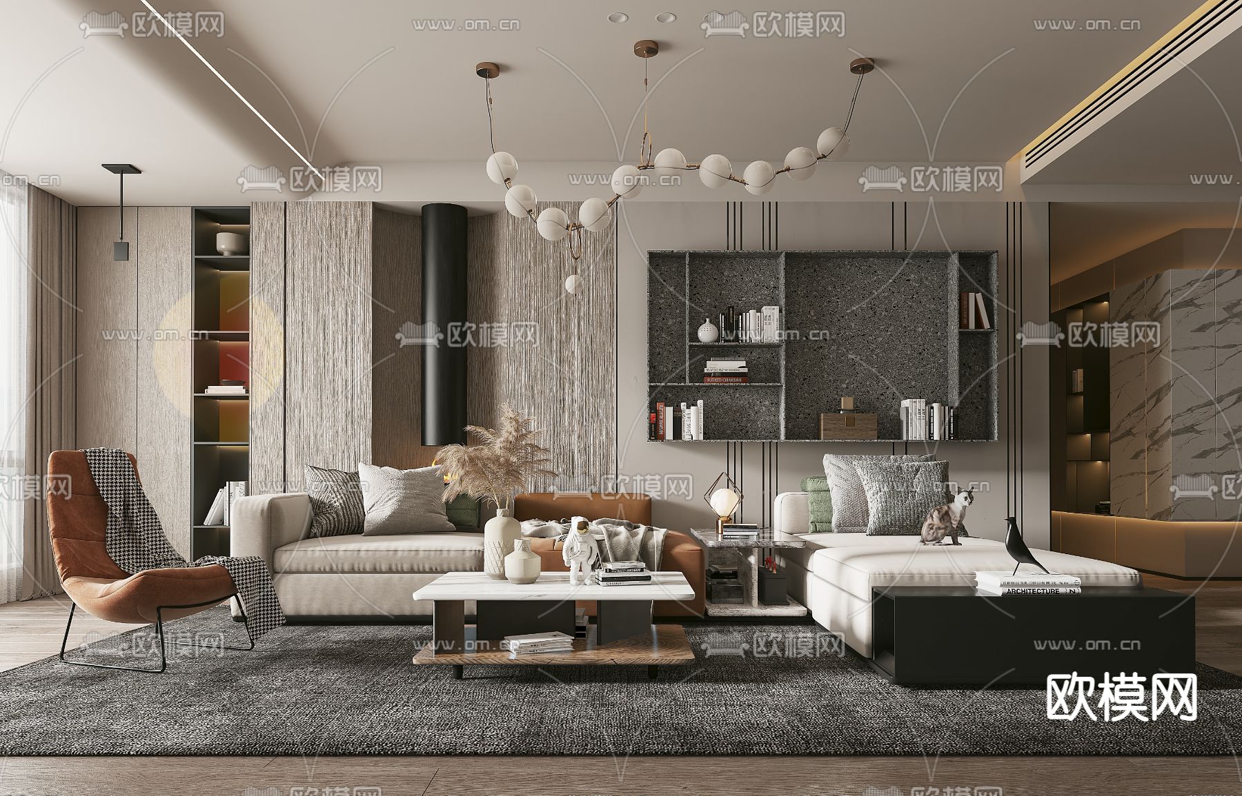 现代轻奢客厅3d模型下载（渲染图1）