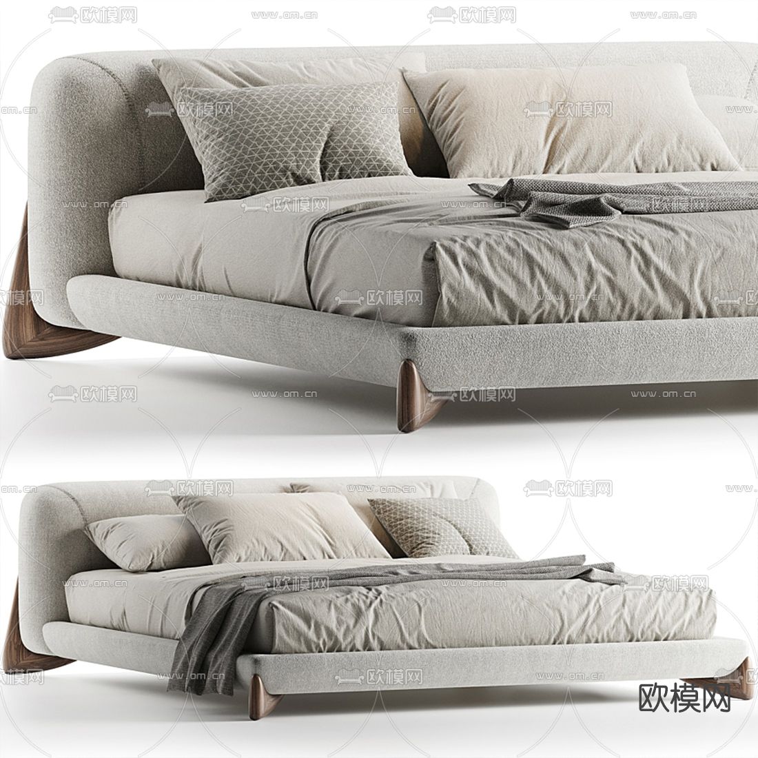侘寂布艺双人床3d模型下载（渲染图2）