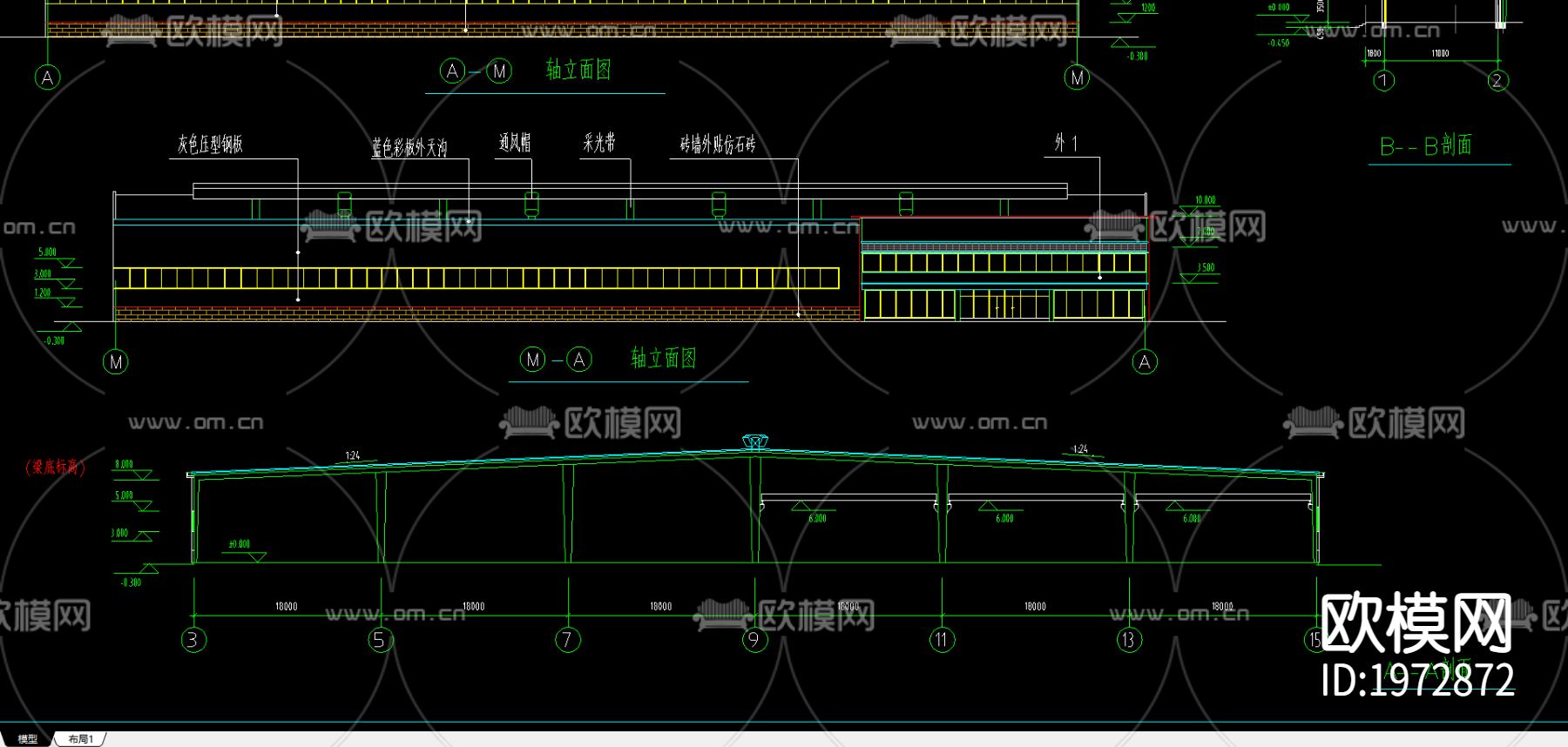 轻钢厂房建筑cad施工图下载（渲染图2）