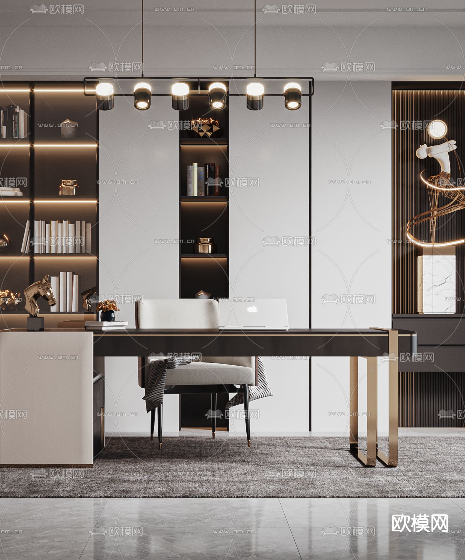 现代轻奢书房3d模型下载（渲染图2）