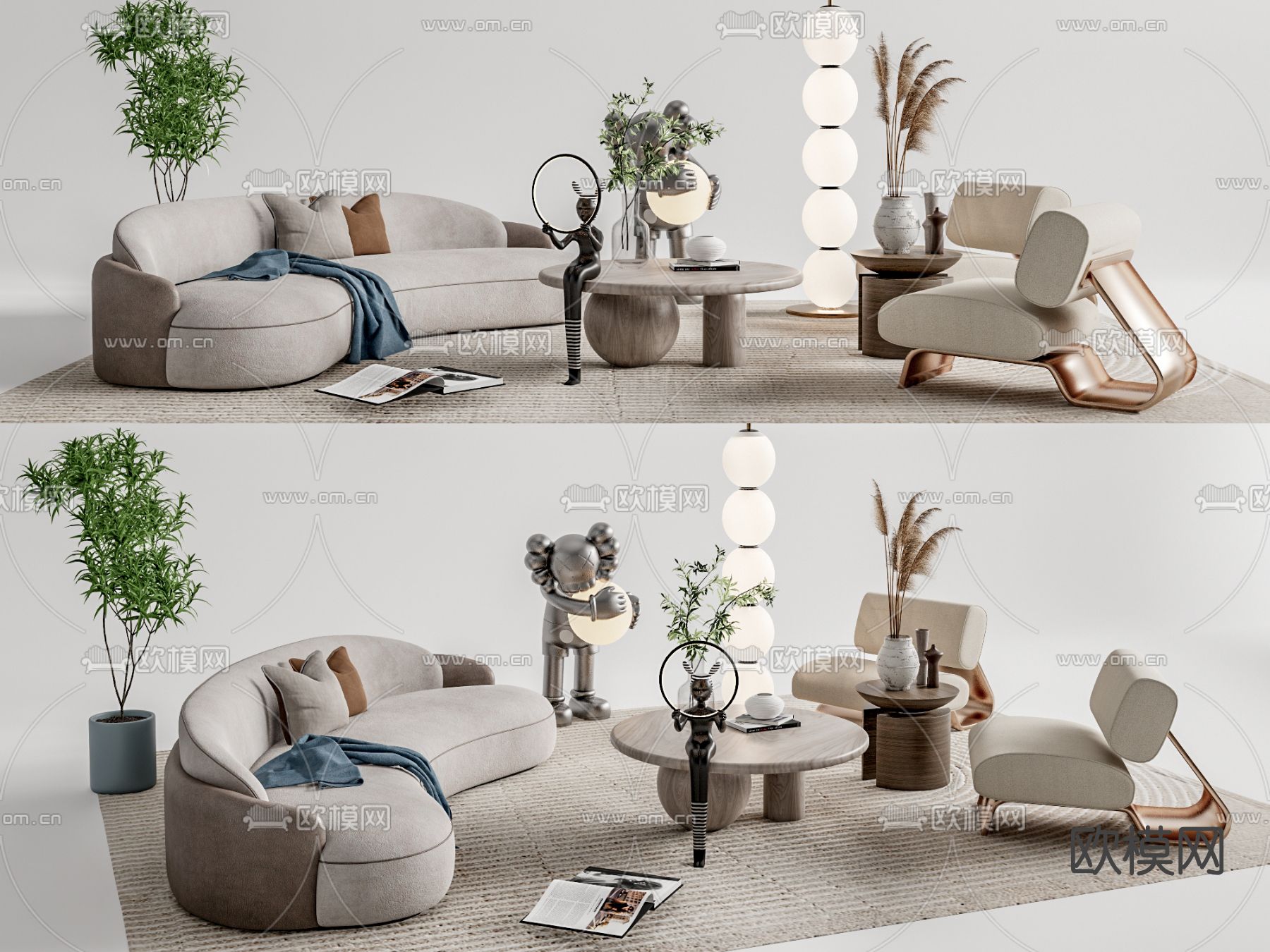 现代布艺沙发组合su模型下载（渲染图1）