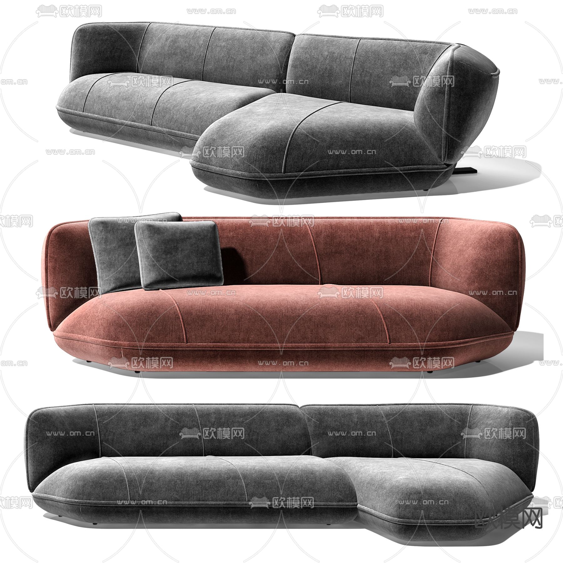 Cassina 绒布多人沙发3d模型下载（渲染图1）