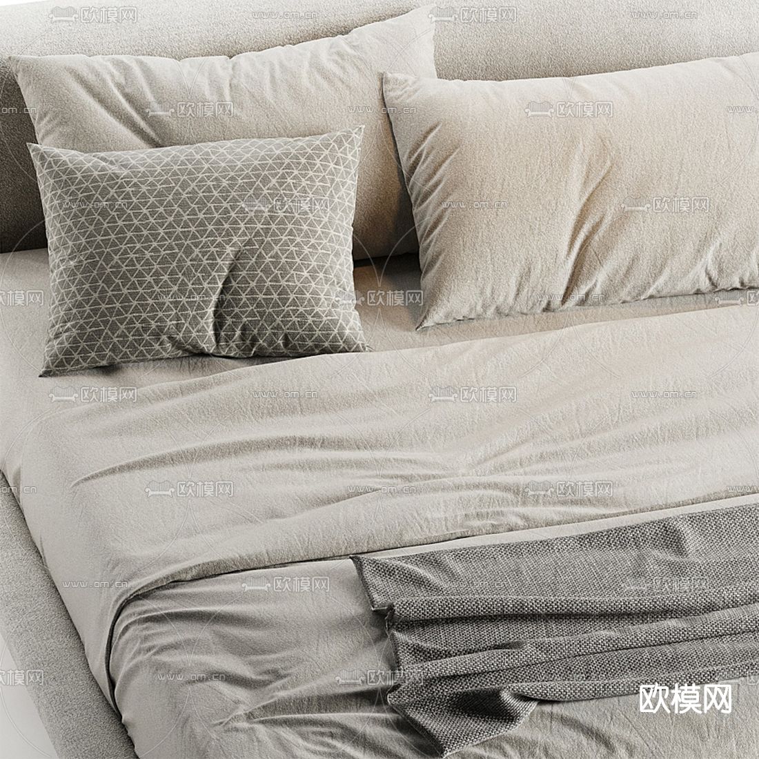 侘寂布艺双人床3d模型下载（渲染图4）