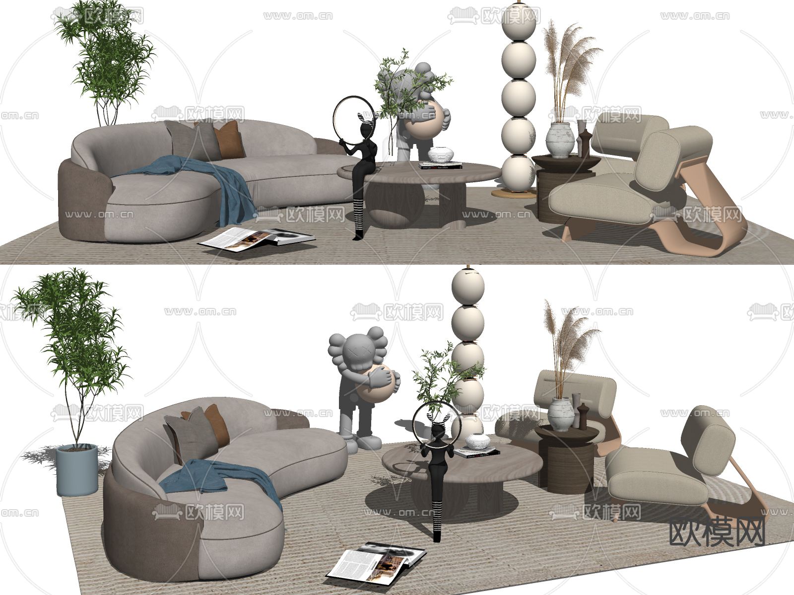 现代布艺沙发组合su模型下载（渲染图2）