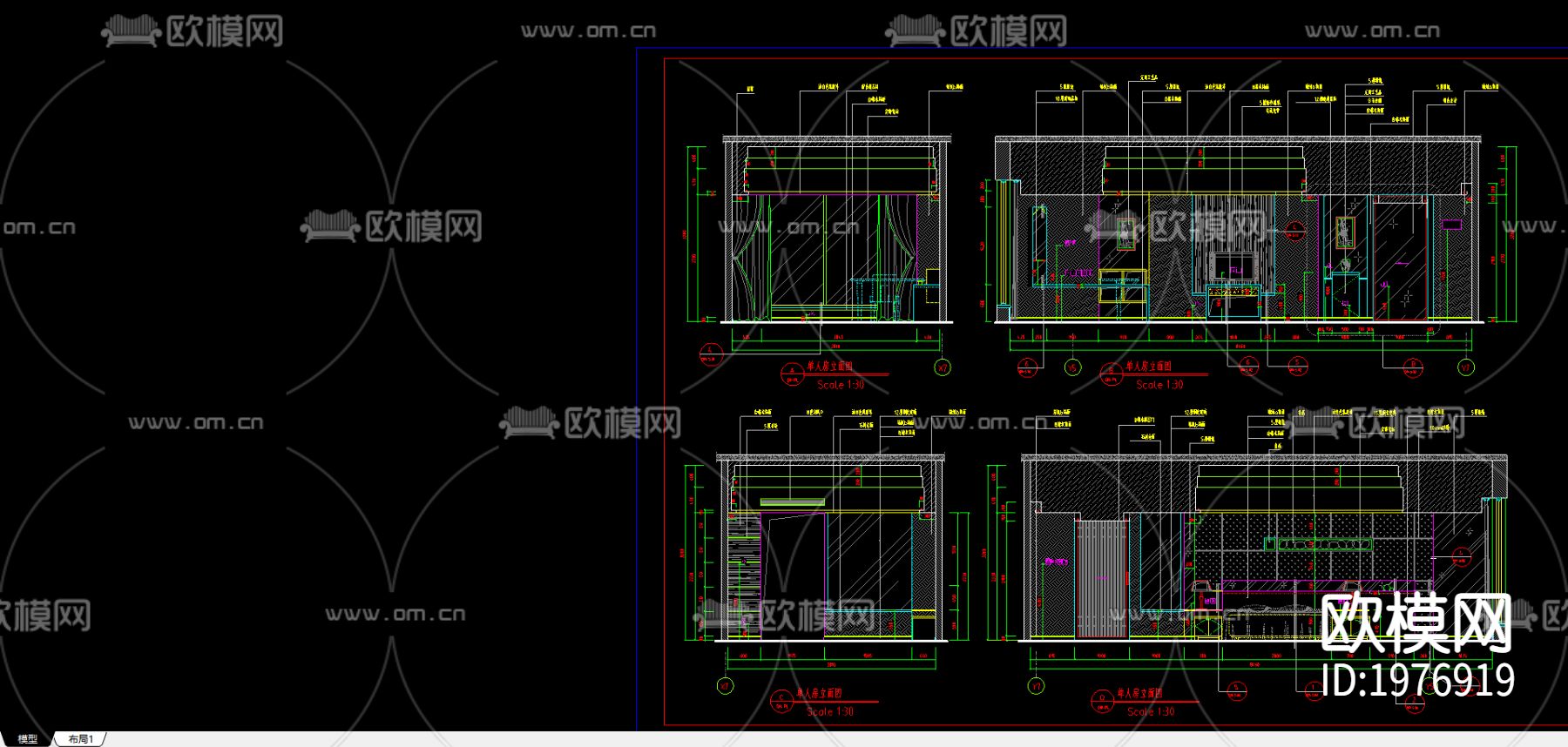 单人房cad图库下载（渲染图2）