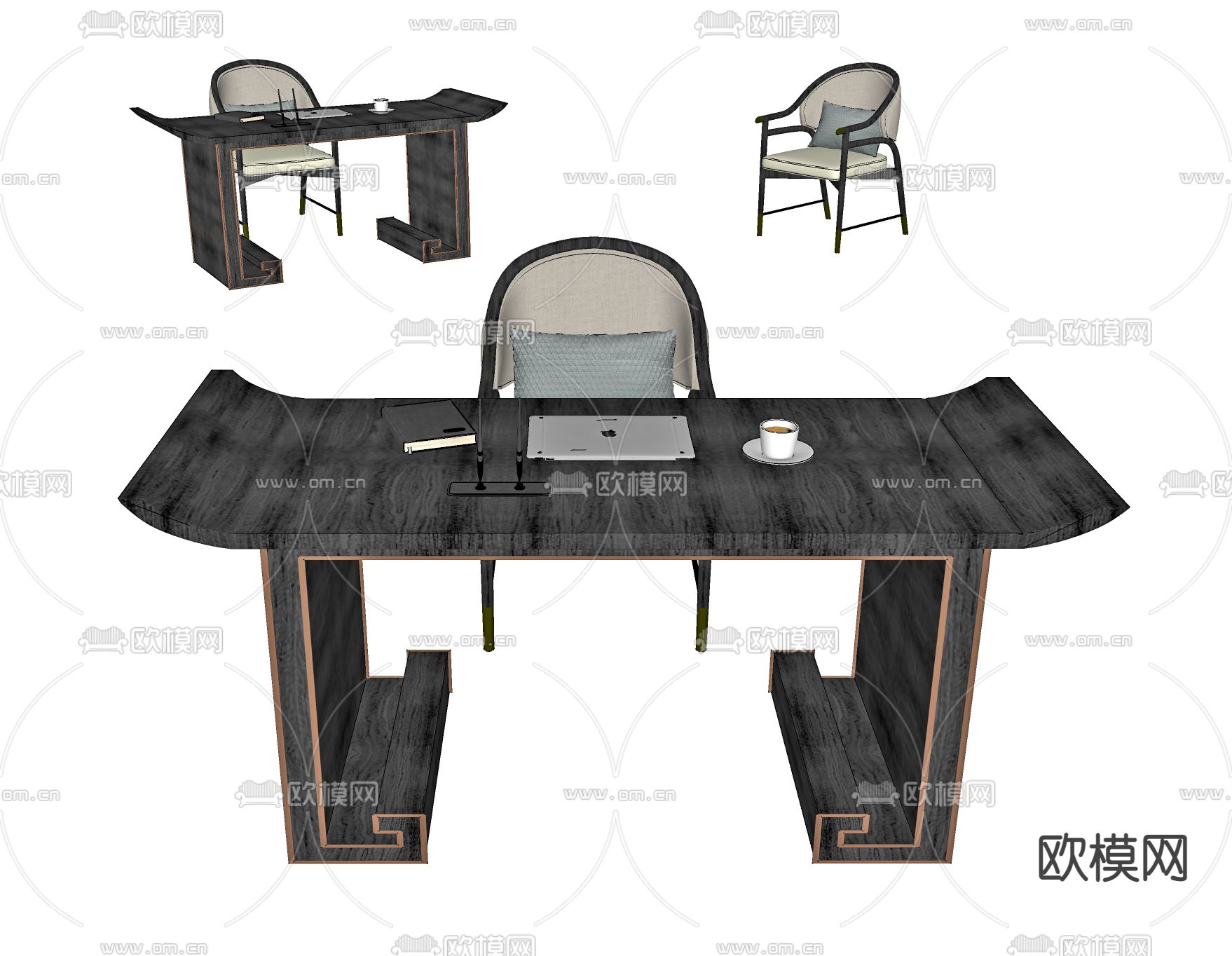 新中式办公桌椅su模型下载（渲染图2）