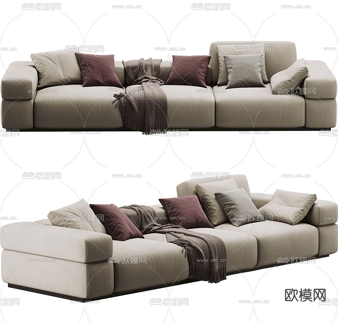 现代布艺多人沙发 三人沙发3d模型下载（渲染图1）