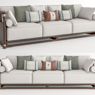 新中式布艺多人沙发su模型