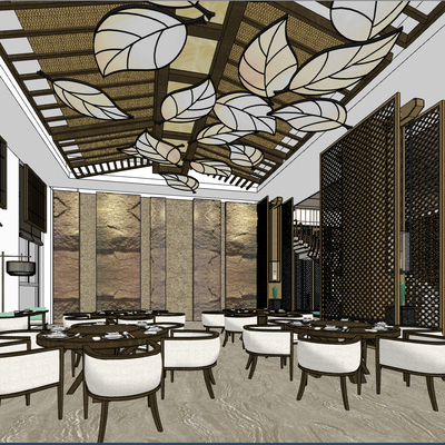  新中式餐厅su模型 