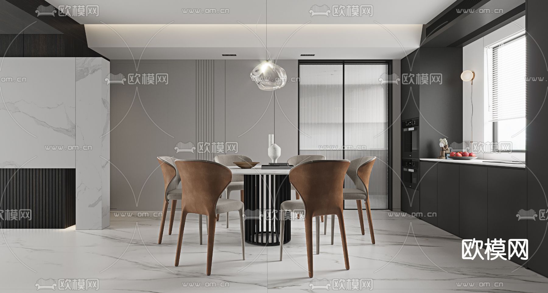 现代高级灰餐厅3d模型下载（渲染图1）