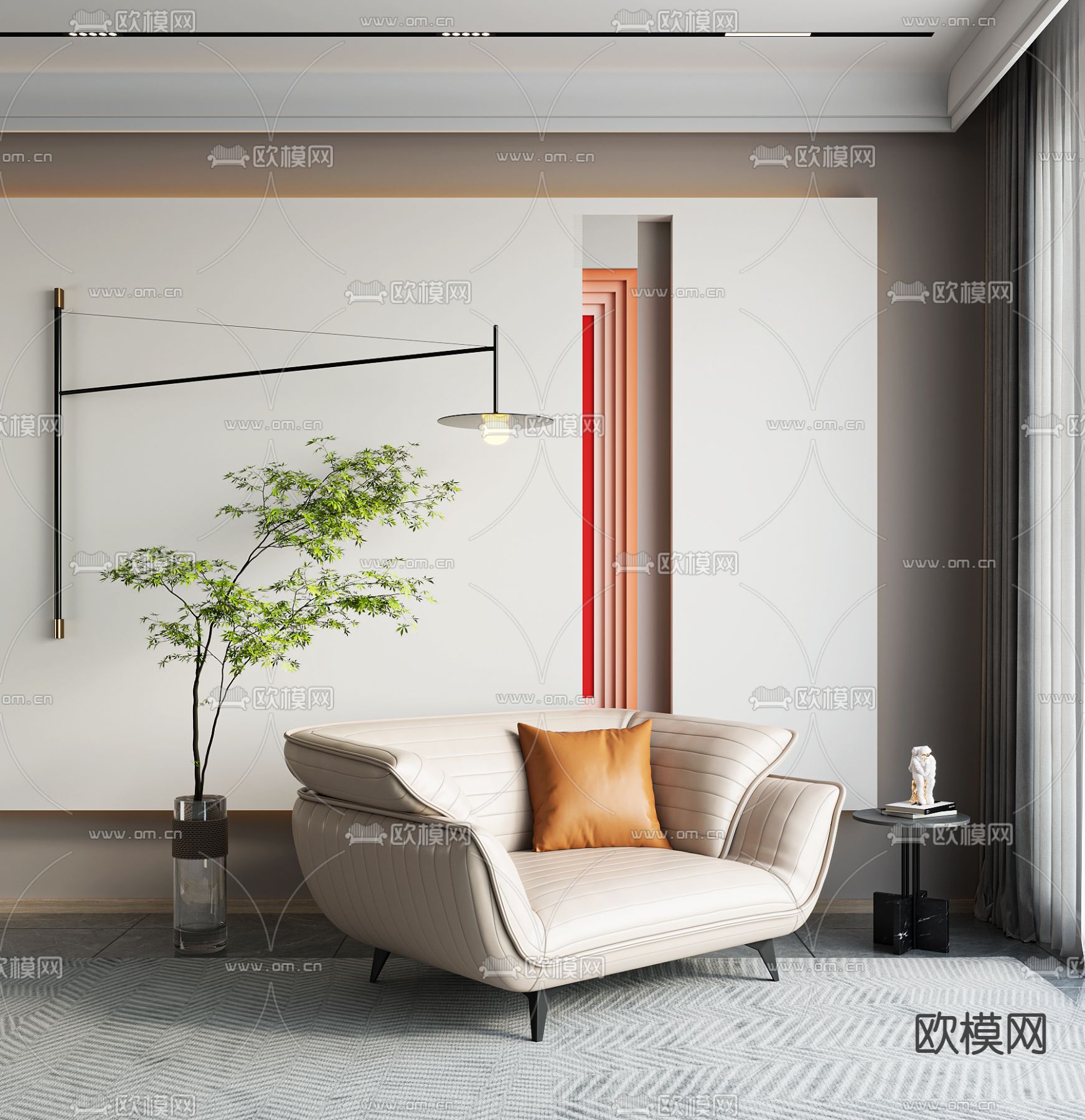 现代皮革休闲沙发su模型下载（渲染图1）