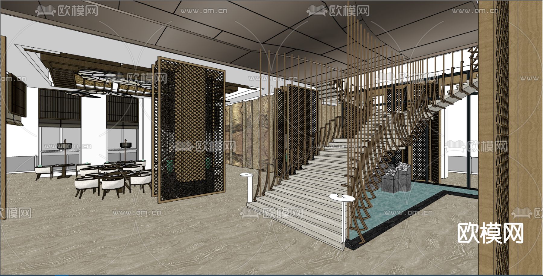 新中式餐厅su模型下载（渲染图2）