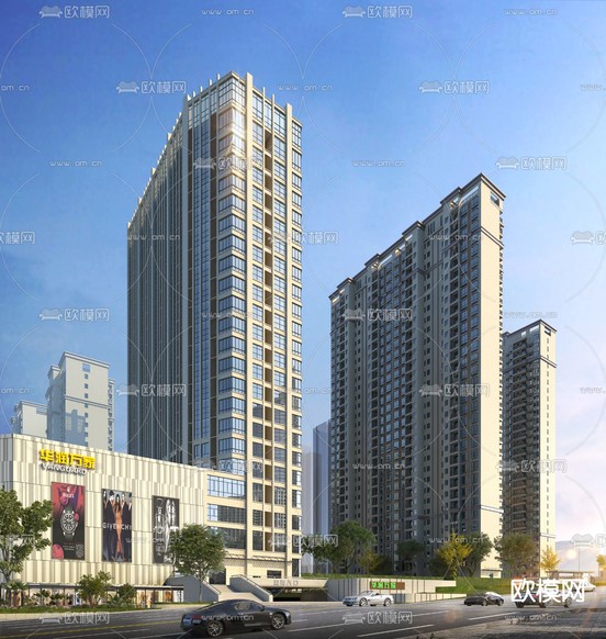现代高层商业住宅楼外观3d模型下载
