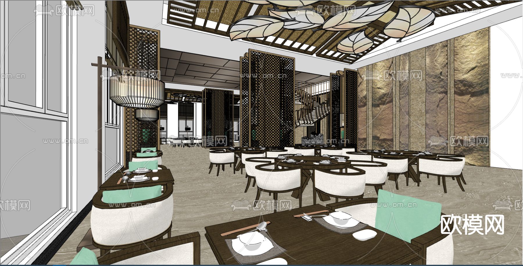 新中式餐厅su模型下载（渲染图3）