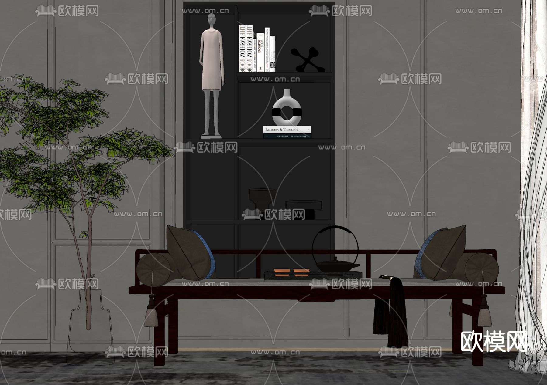 新中式床尾凳贵妃椅su模型下载（渲染图2）