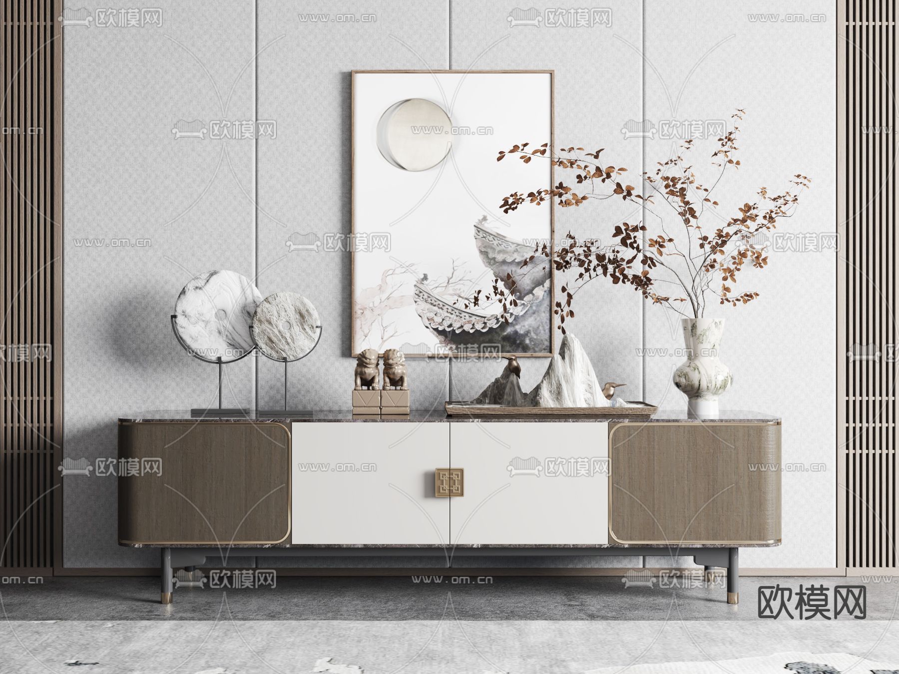 新中式电视柜su模型下载（渲染图1）