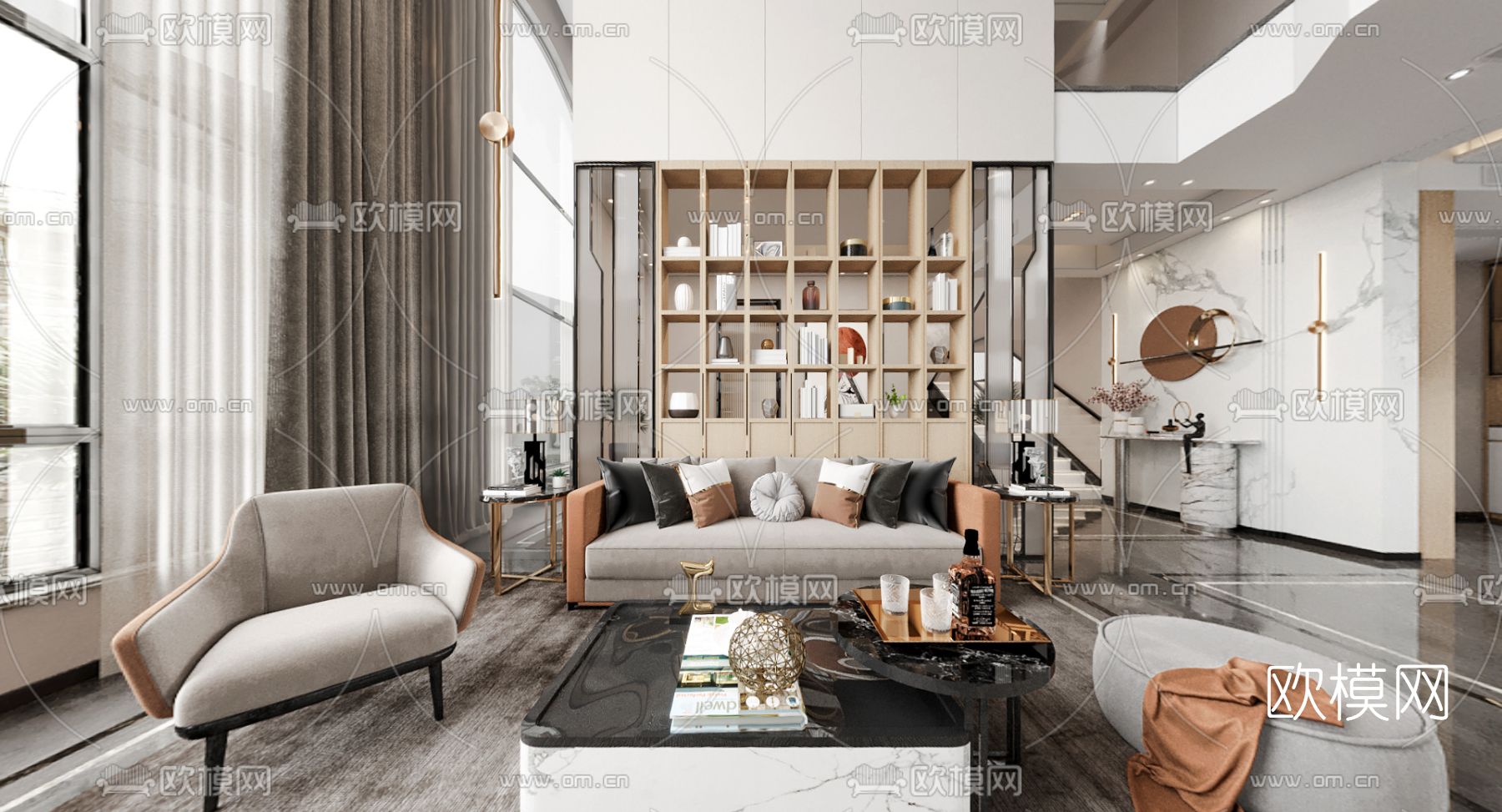 现代轻奢别墅客厅餐厅vr全景3d模型