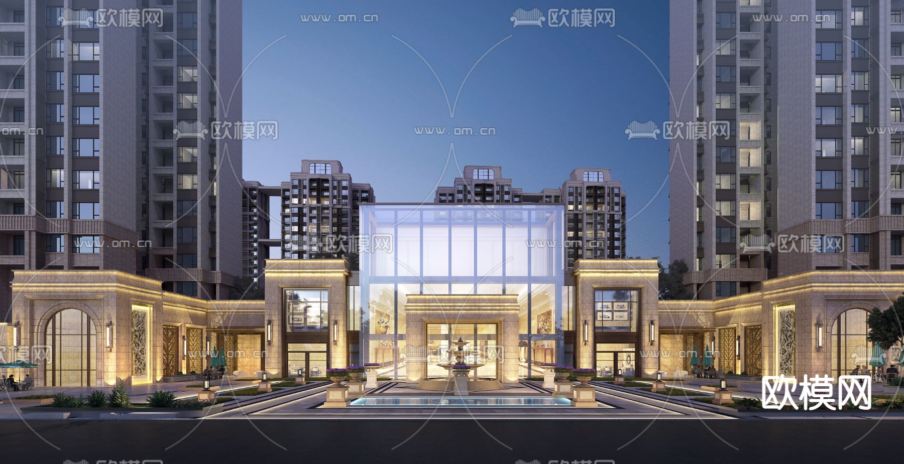 欧式小区住宅夜景建筑外观3d模型下载
