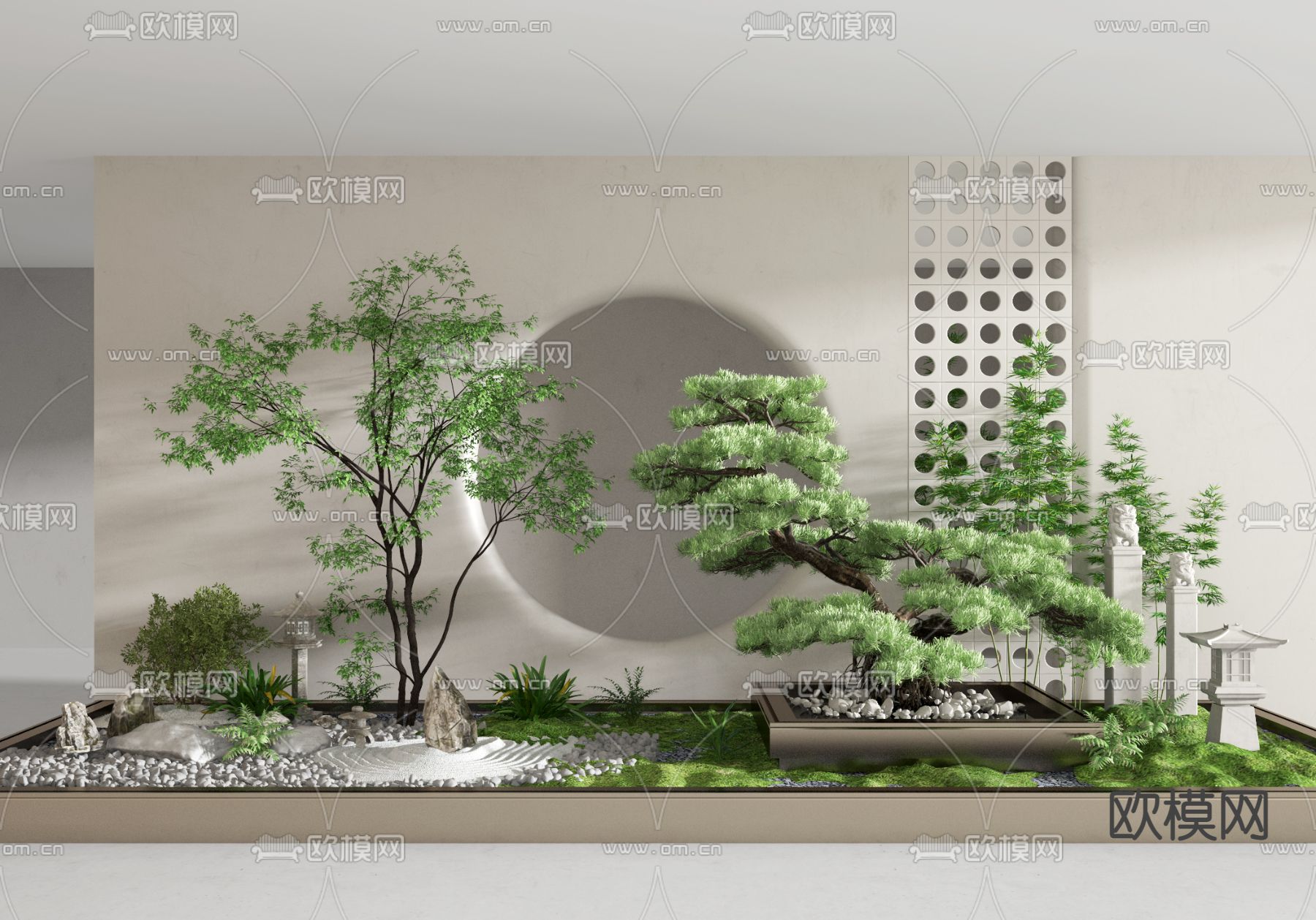 现代松树枯山水园艺小品3d模型下载