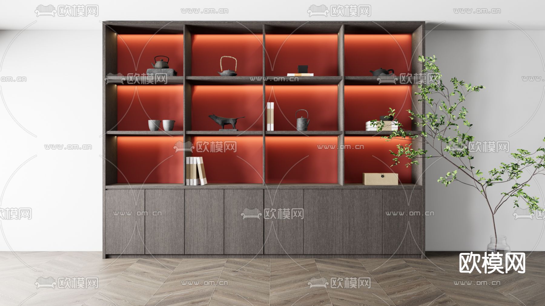 新中式实木书柜su模型下载（渲染图1）