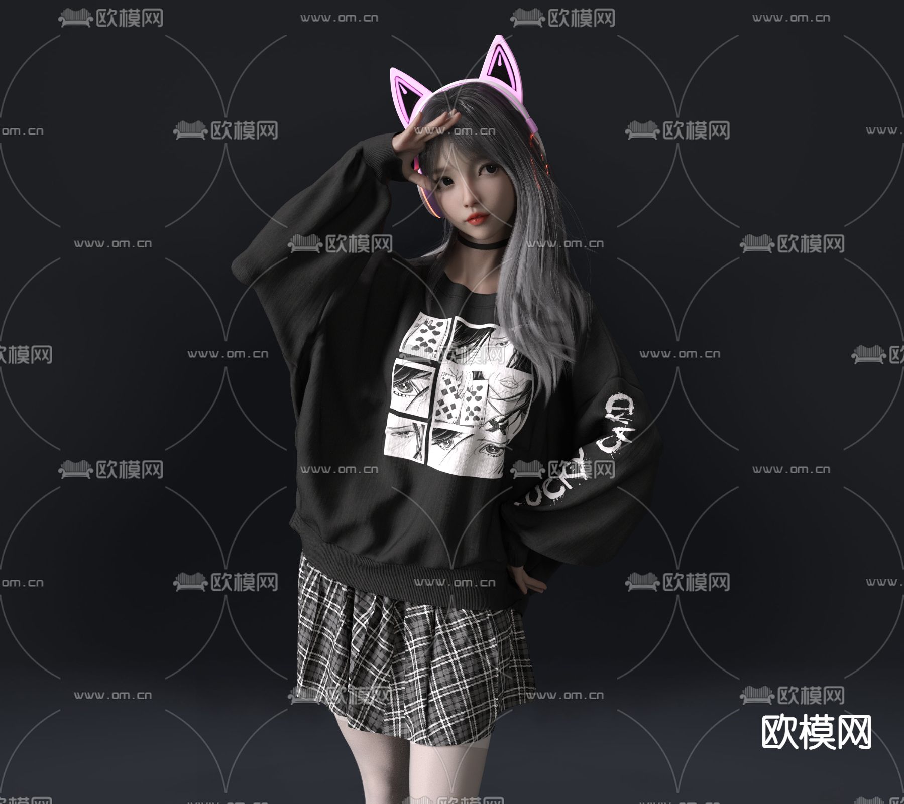 现代戴耳机女生人物3d模型下载