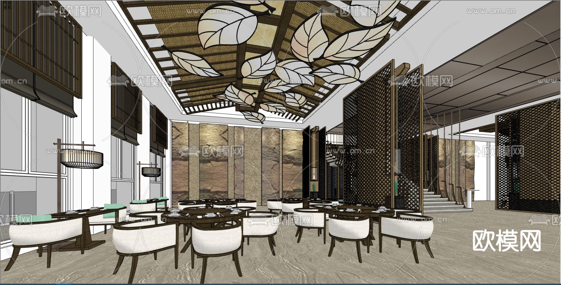 新中式餐厅su模型下载（渲染图1）