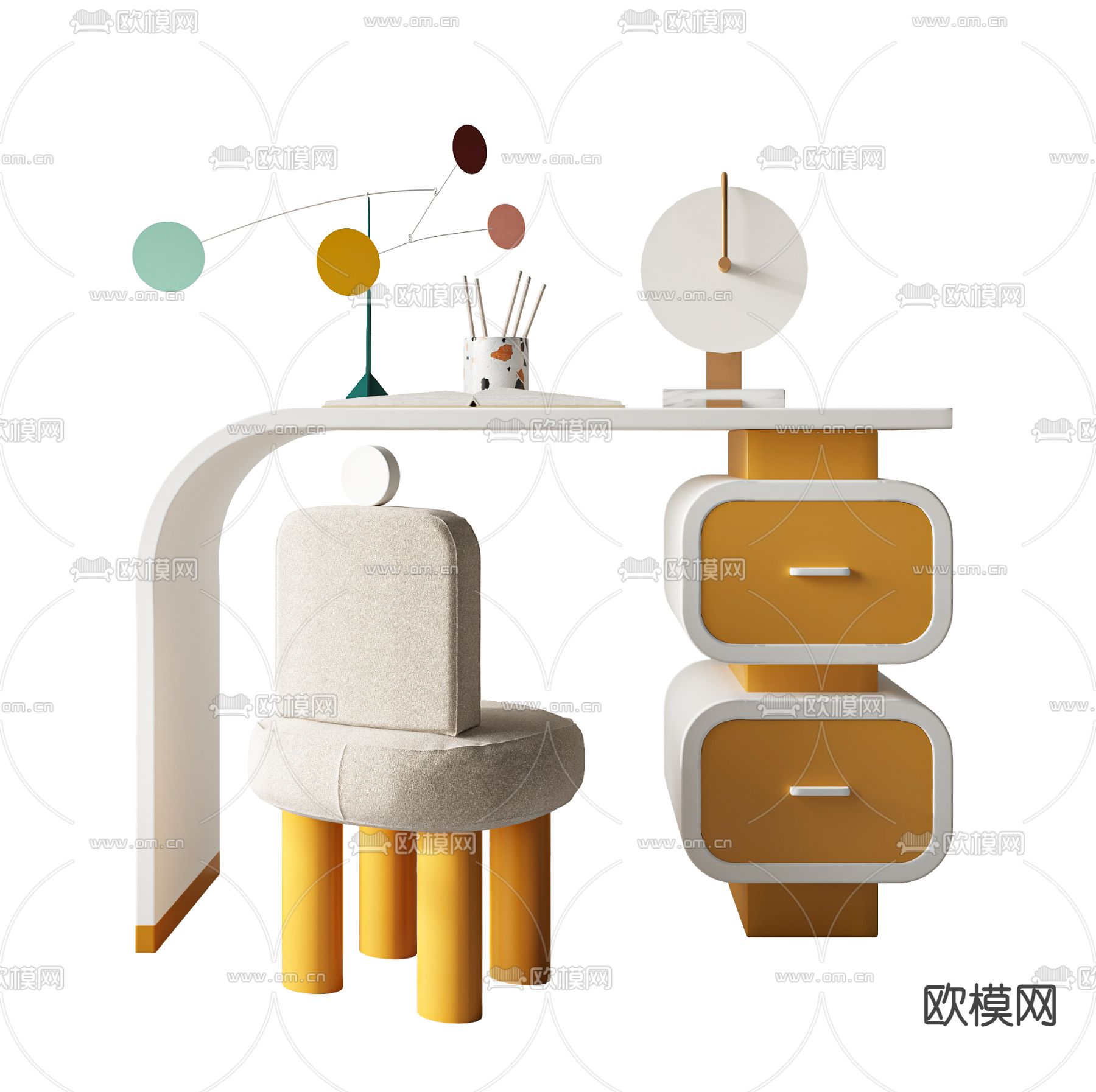 现代儿童书桌椅3d模型下载（渲染图1）