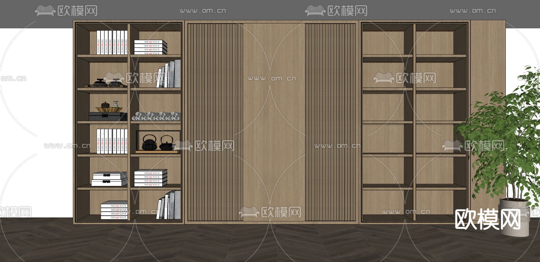 新中式实木书柜su模型下载（渲染图2）