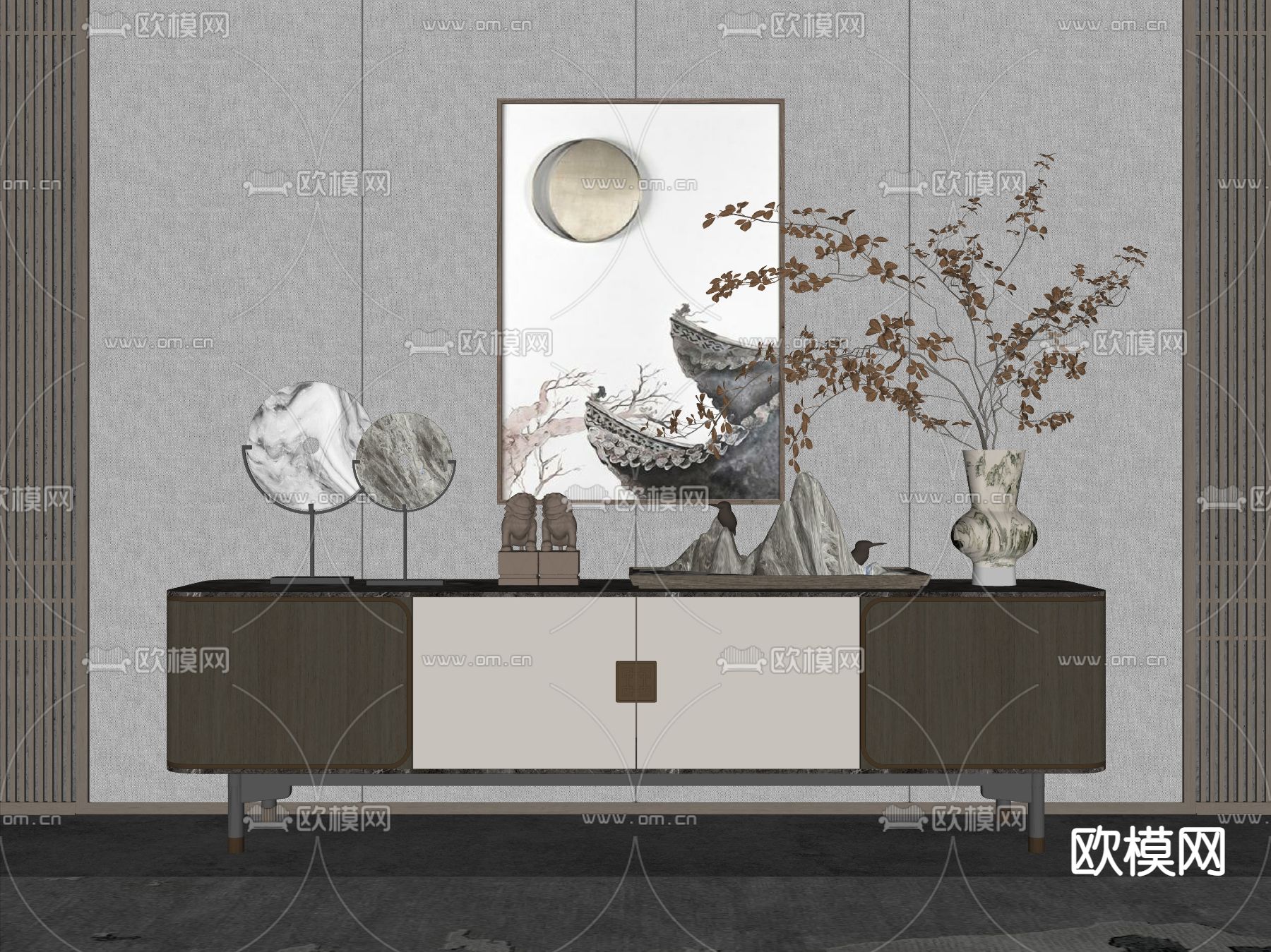 新中式电视柜su模型下载（渲染图2）