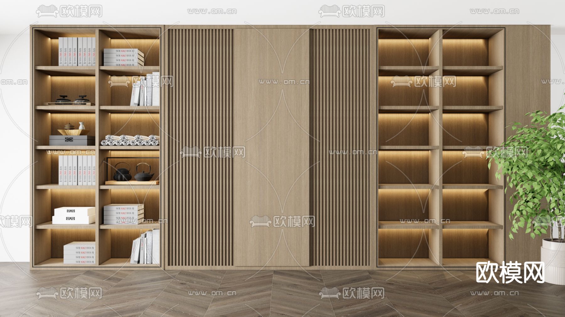 新中式实木书柜su模型下载（渲染图1）