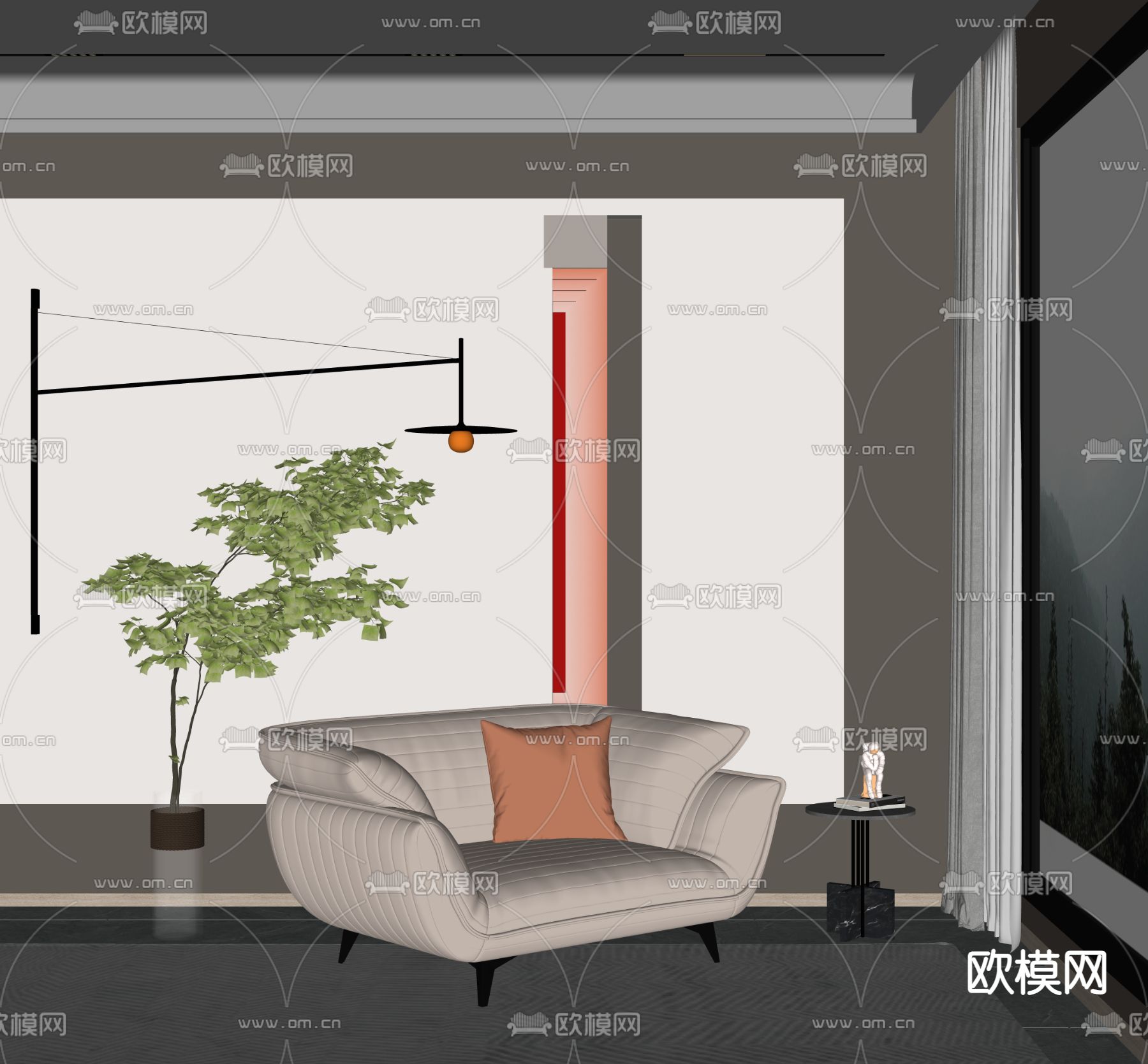 现代皮革休闲沙发su模型下载（渲染图2）